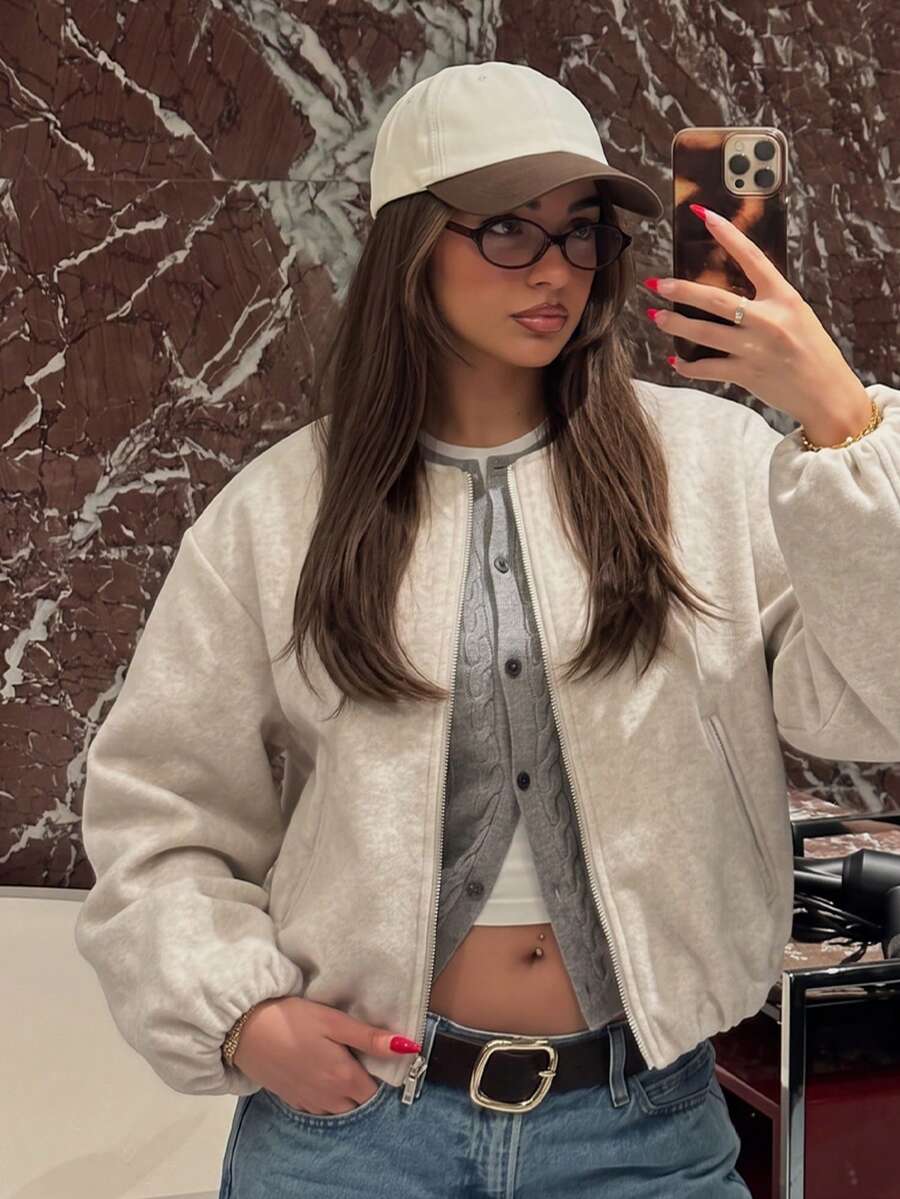 Lillehammer Wool Look Zip Up Cropped Bomber Jacket