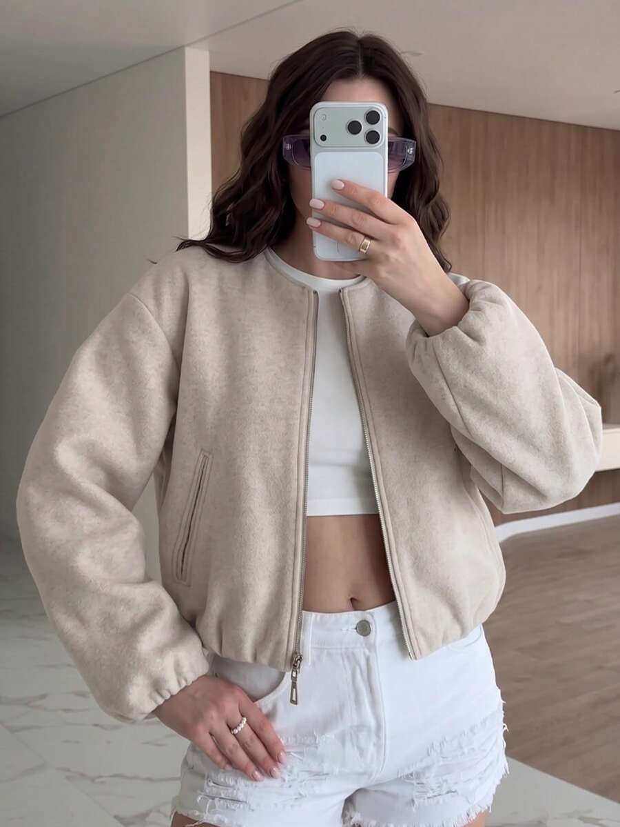 Lillehammer Wool Look Zip Up Cropped Bomber Jacket