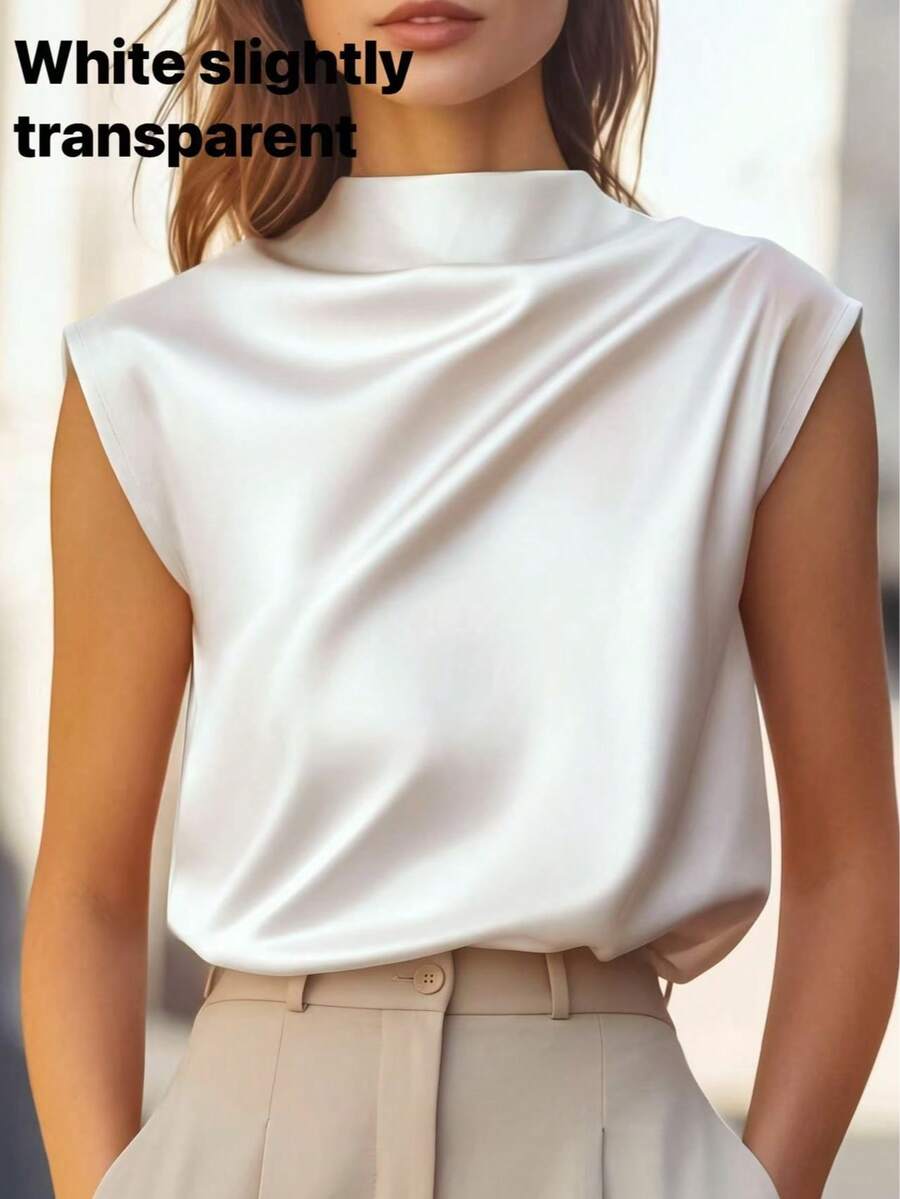 Women's Satin Cowl Neck Sleeveless Blouse, Silky Shell Top for Work and Evening - Black
