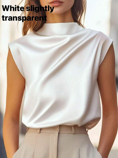 Women's Satin Cowl Neck Sleeveless Blouse, Silky Shell Top for Work and Evening - Black