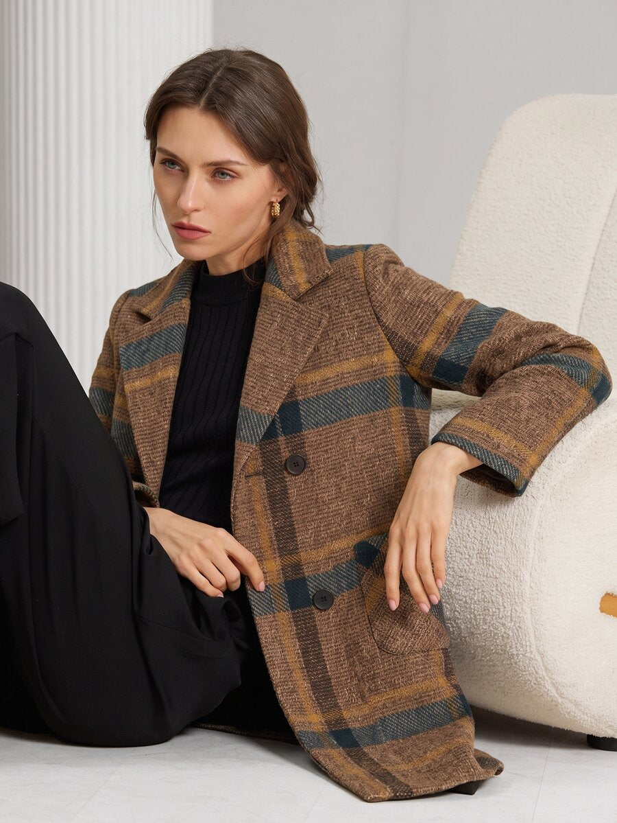 Strasbourg Brown Plaid Double Breasted Lapel Overcoat