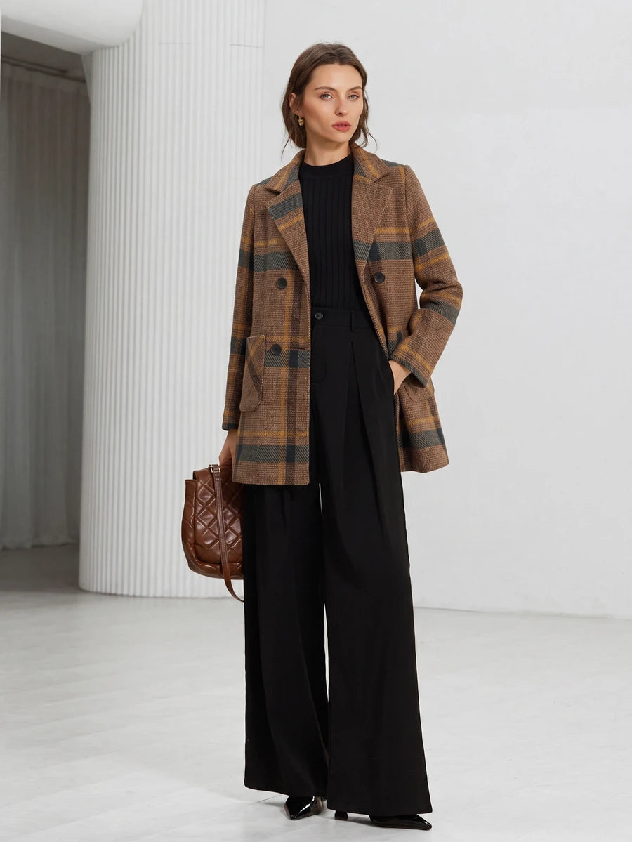 Strasbourg Brown Plaid Double Breasted Lapel Overcoat