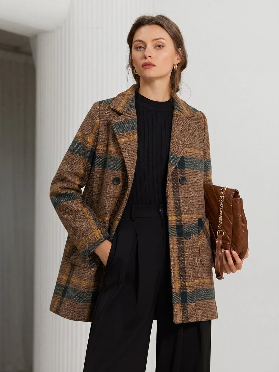 Strasbourg Brown Plaid Double Breasted Lapel Overcoat - Brown Plaid