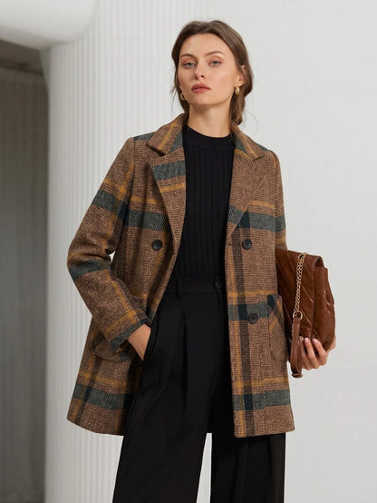 Strasbourg Brown Plaid Double Breasted Lapel Overcoat - Brown Plaid