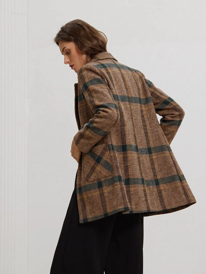 Strasbourg Brown Plaid Double Breasted Lapel Overcoat