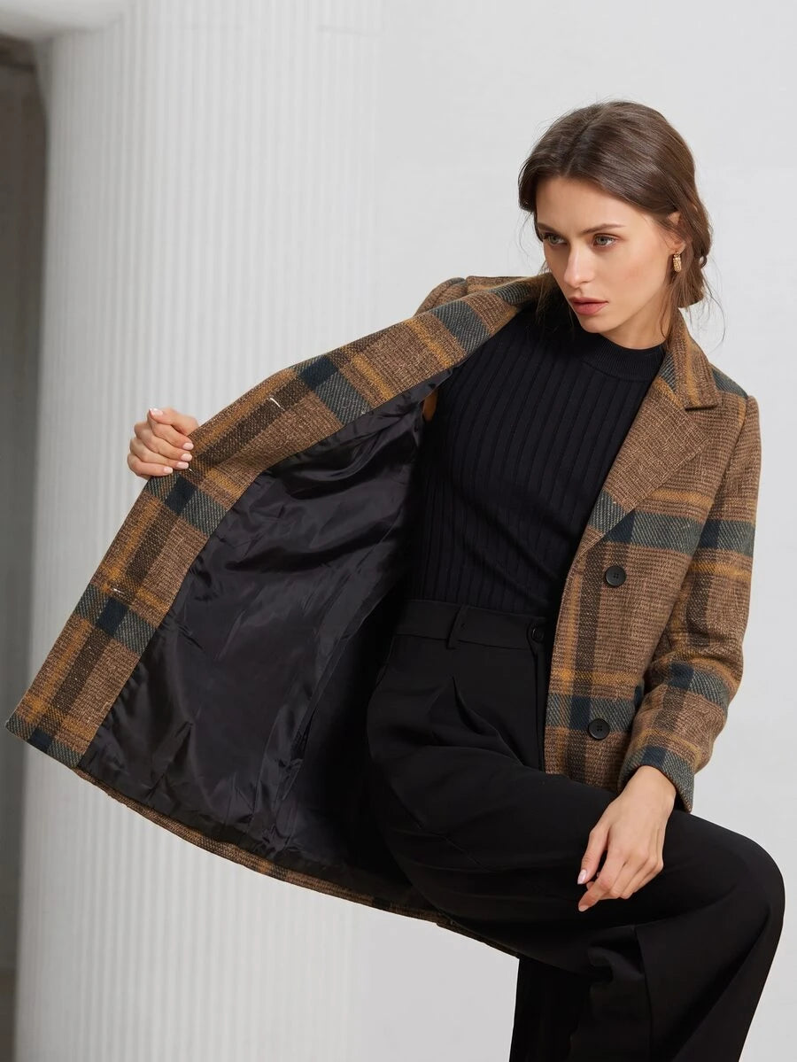 Strasbourg Brown Plaid Double Breasted Lapel Overcoat