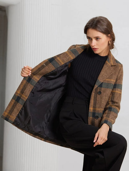 Strasbourg Brown Plaid Double Breasted Lapel Overcoat