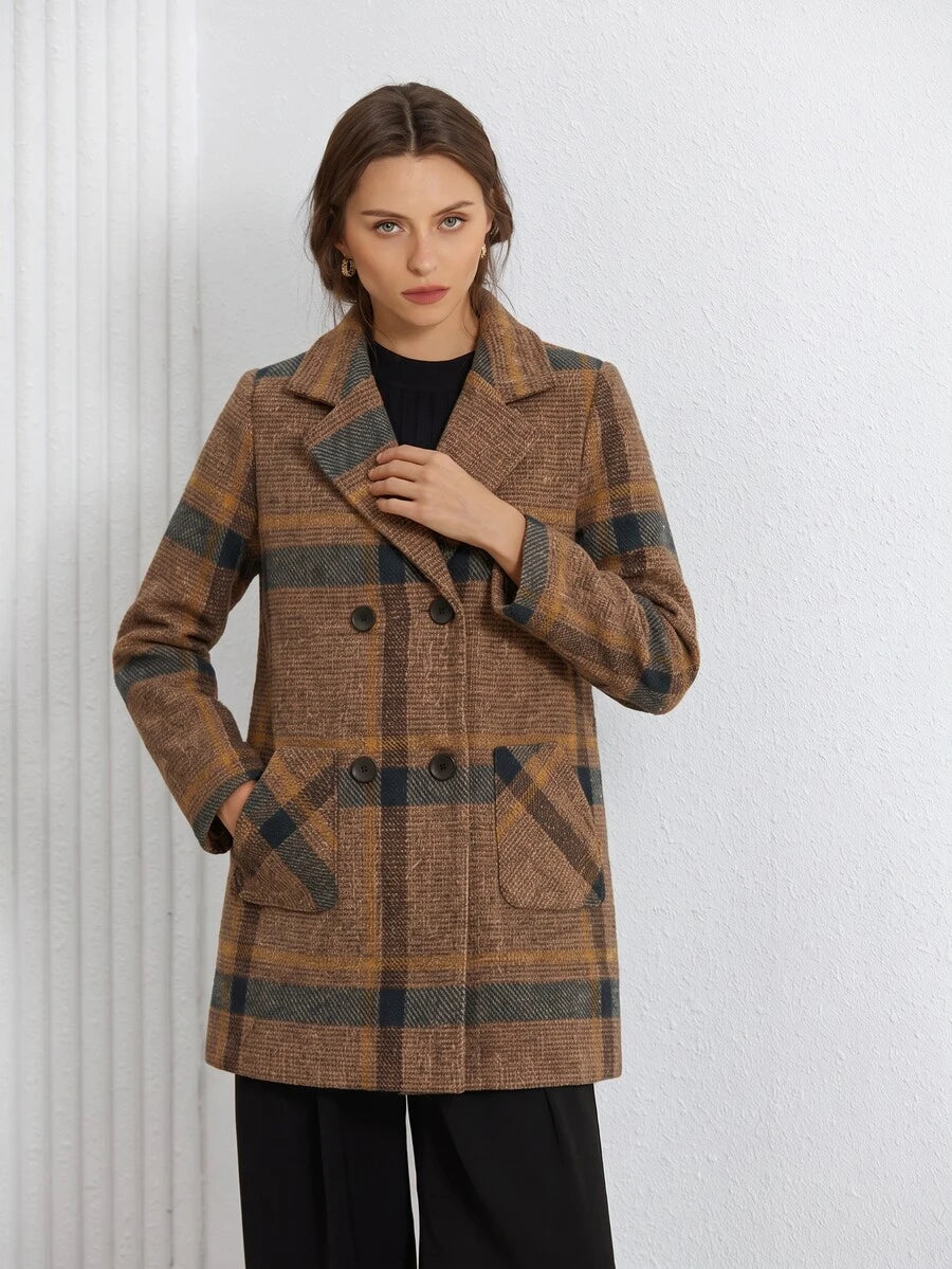 Strasbourg Brown Plaid Double Breasted Lapel Overcoat