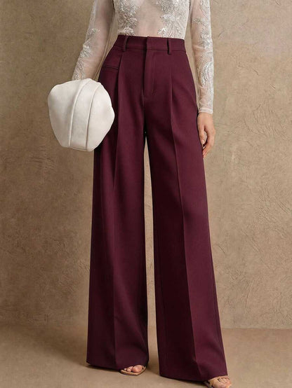 Women's Belted Straight Leg Suit Trousers, Stretch Dress Pants for Work Office - Burgundy