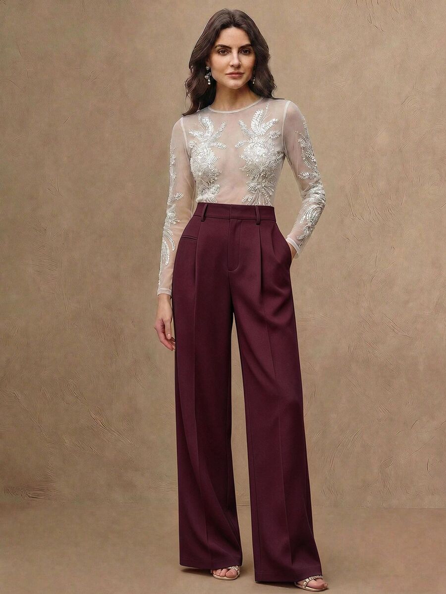 Women's Belted Straight Leg Suit Trousers, Stretch Dress Pants for Work Office - Ginger