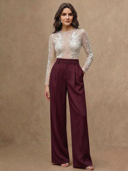 Women's Belted Straight Leg Suit Trousers, Stretch Dress Pants for Work Office - Ginger