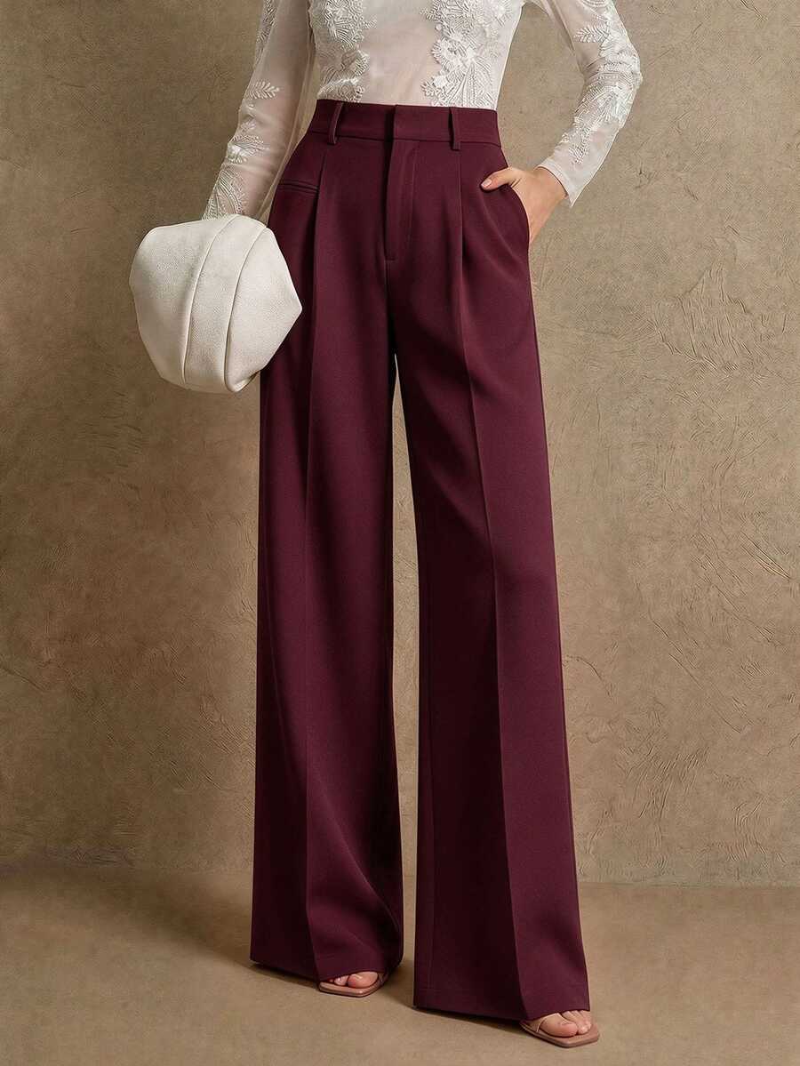 Women's Belted Straight Leg Suit Trousers, Stretch Dress Pants for Work Office - Black