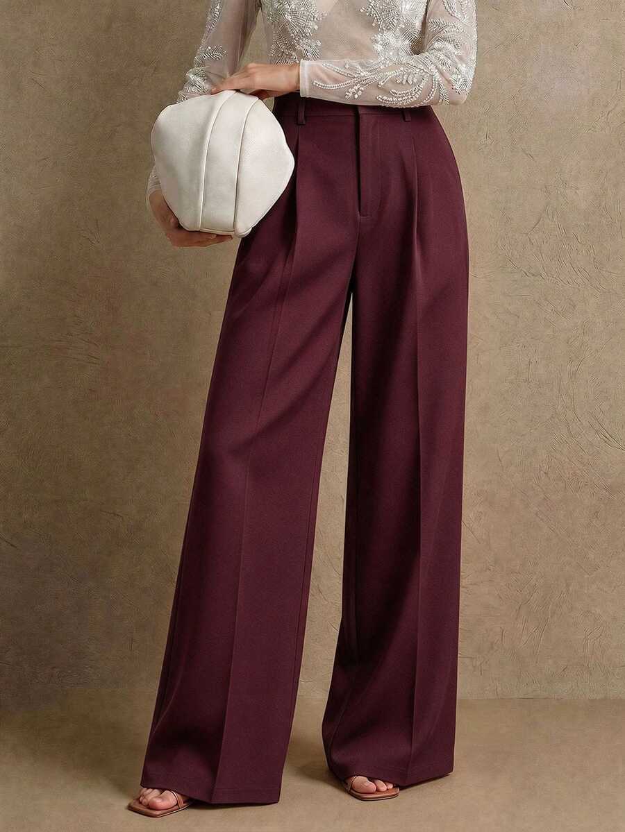 Women's Belted Straight Leg Suit Trousers, Stretch Dress Pants for Work Office - Grey