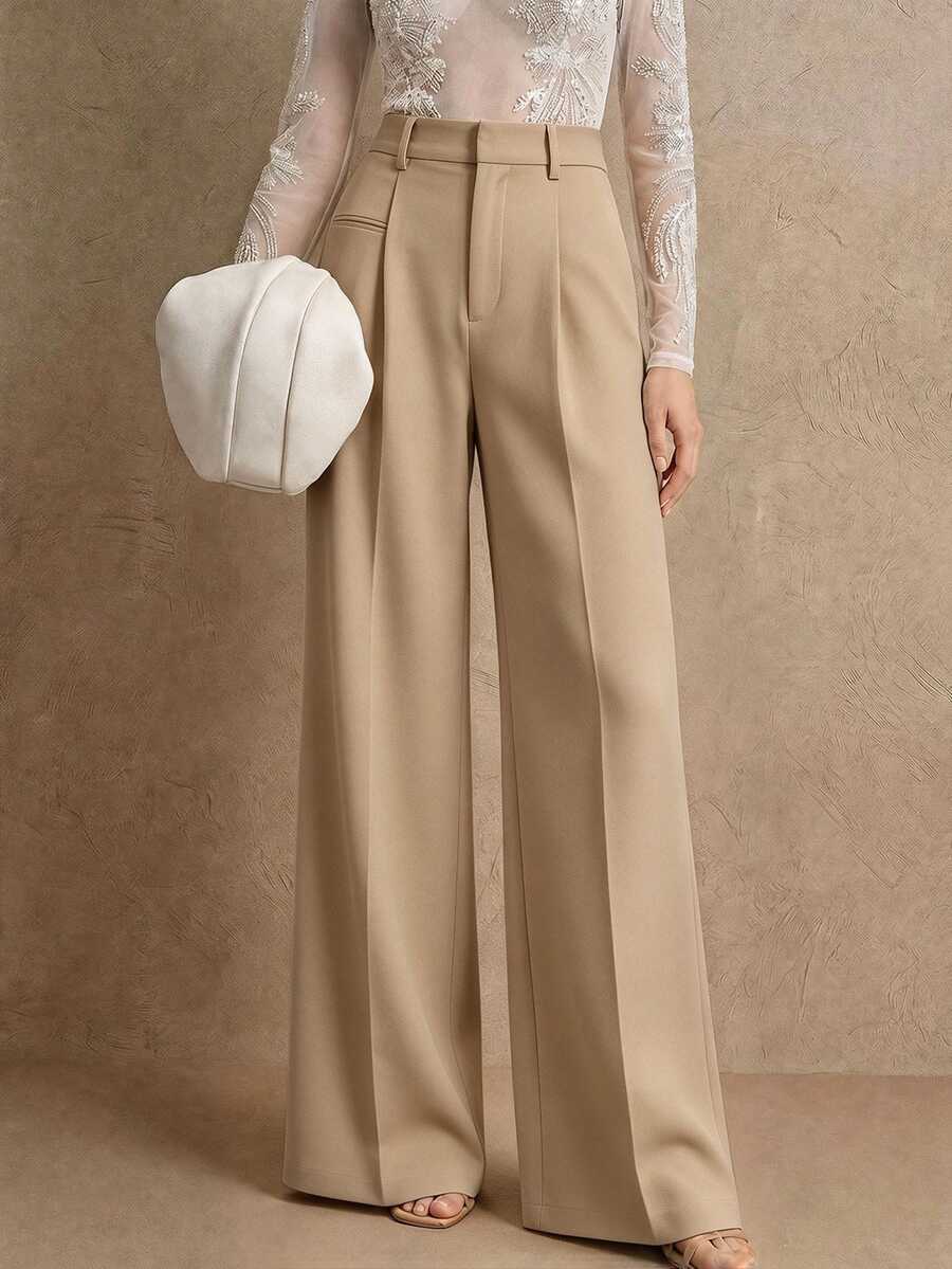 Women's Belted Straight Leg Suit Trousers, Stretch Dress Pants for Work Office - Burgundy