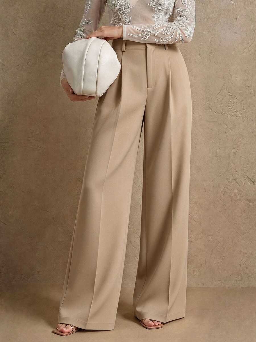 Women's Belted Straight Leg Suit Trousers, Stretch Dress Pants for Work Office - Black