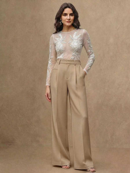 Women's Belted Straight Leg Suit Trousers, Stretch Dress Pants for Work Office - Bronze