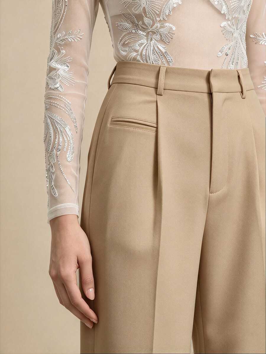 Women's Belted Straight Leg Suit Trousers, Stretch Dress Pants for Work Office - Apricot