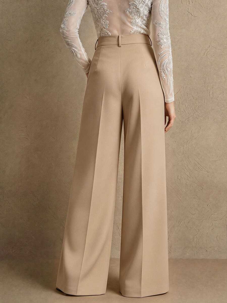 Women's Belted Straight Leg Suit Trousers, Stretch Dress Pants for Work Office - Ginger