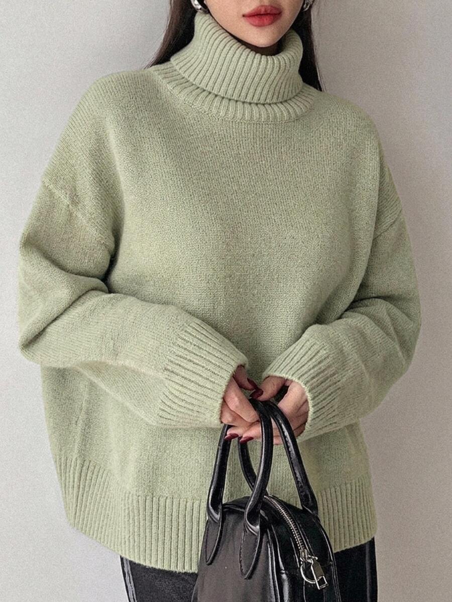 Lofoten Oversized Turtleneck Drop Shoulder Knit Sweater - Mint Green