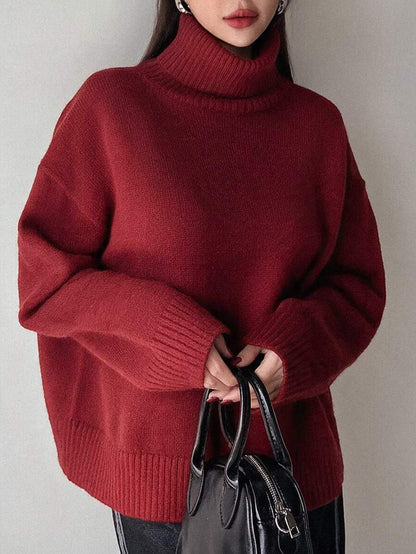 Lofoten Oversized Turtleneck Drop Shoulder Knit Sweater - Red