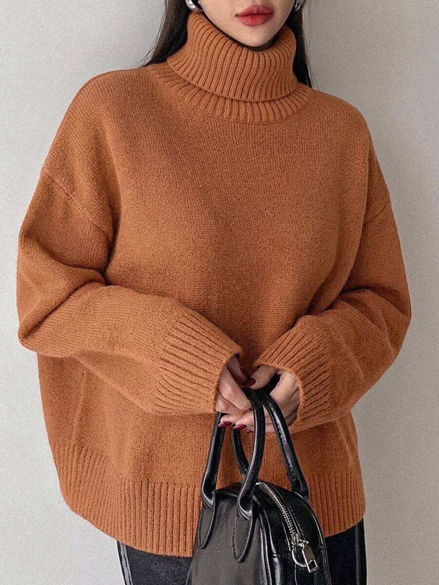 Lofoten Oversized Turtleneck Drop Shoulder Knit Sweater - Orange