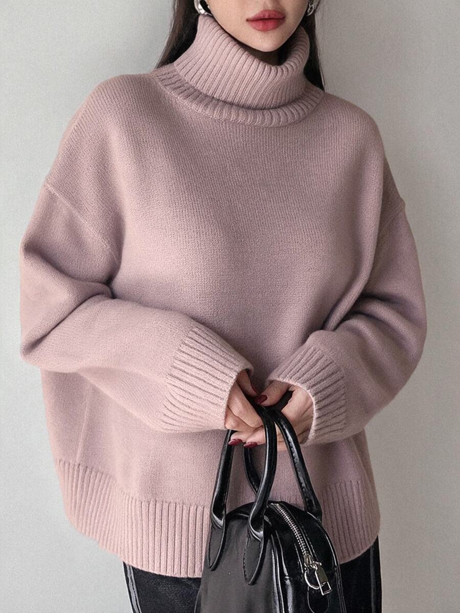 Lofoten Oversized Turtleneck Drop Shoulder Knit Sweater - Mauve Purple