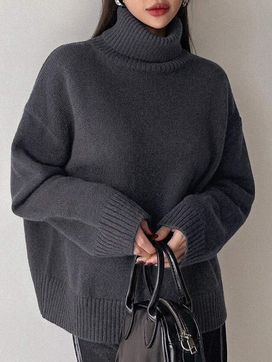 Lofoten Oversized Turtleneck Drop Shoulder Knit Sweater - Grey