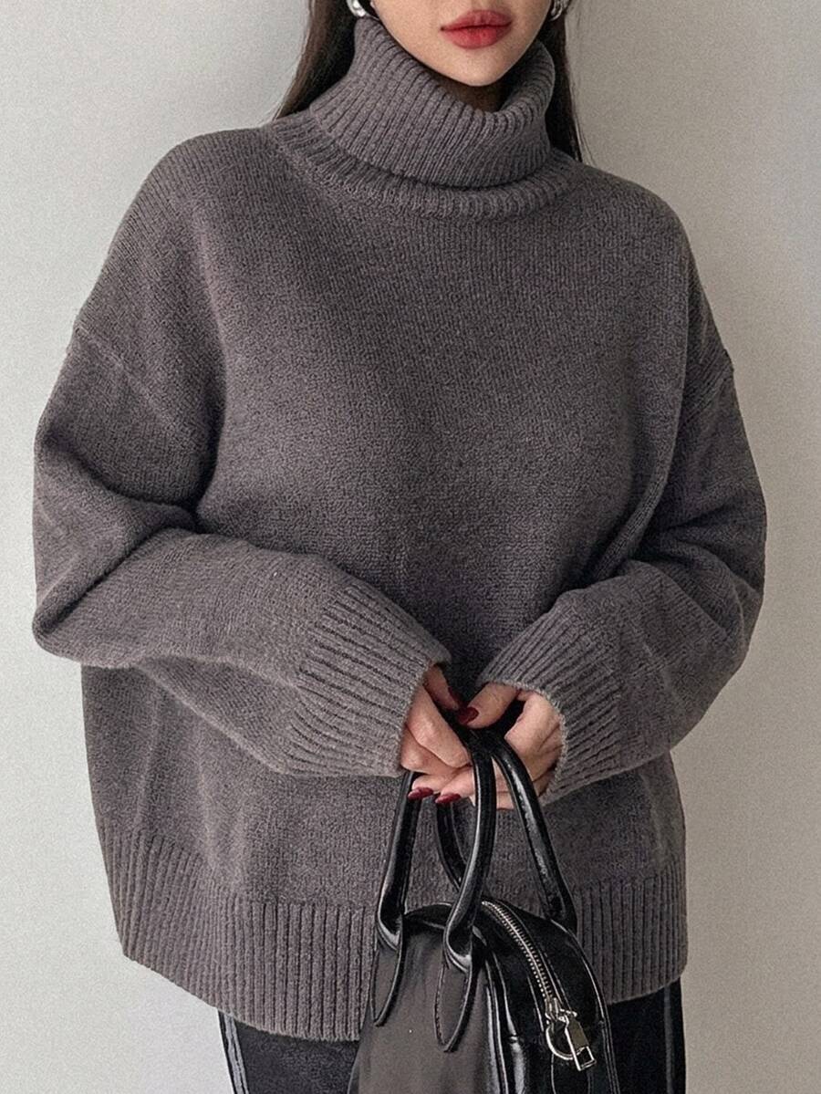 Lofoten Oversized Turtleneck Drop Shoulder Knit Sweater - Volcanic Gray