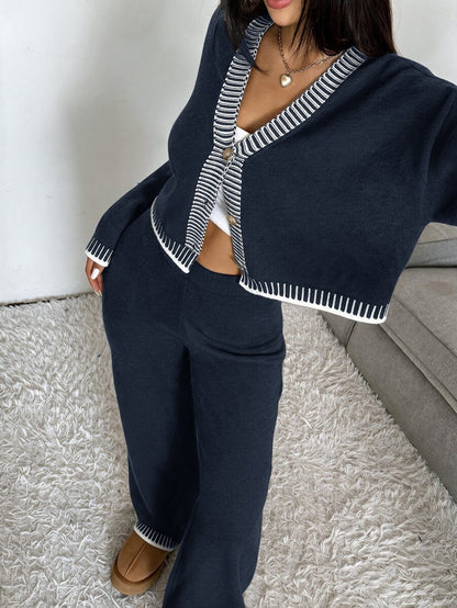 Domenica Contrast Trim Cropped Cardigan and Knit Pants Set - Navy Blue