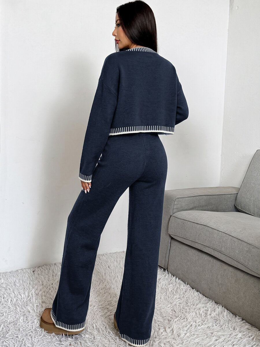 Domenica Contrast Trim Cropped Cardigan and Knit Pants Set - Apricot