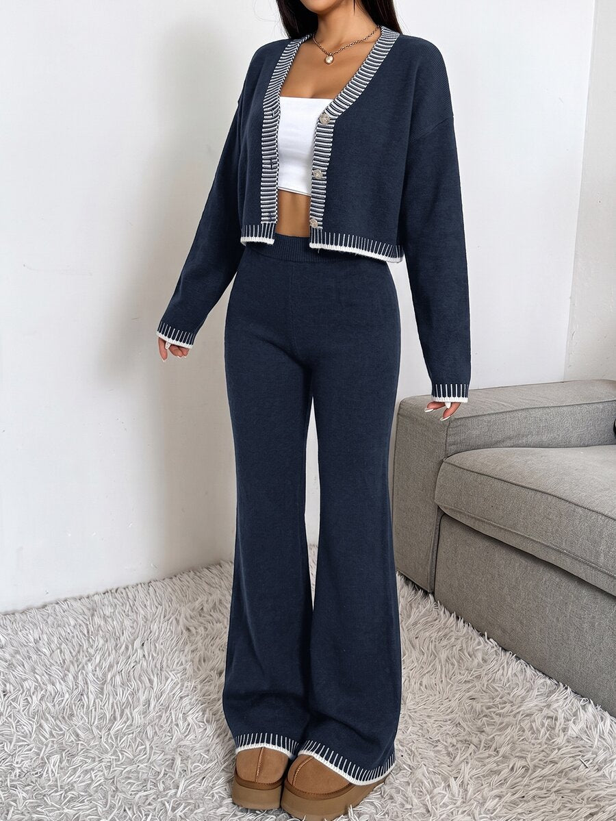 Domenica Contrast Trim Cropped Cardigan and Knit Pants Set - Black