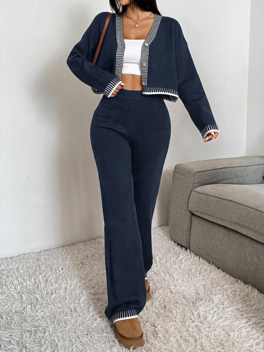 Domenica Contrast Trim Cropped Cardigan and Knit Pants Set - Brown