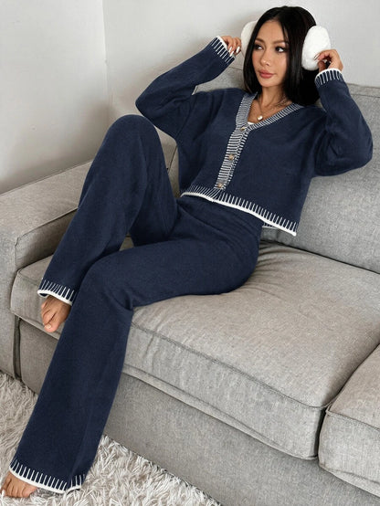 Domenica Contrast Trim Cropped Cardigan and Knit Pants Set - Burgundy