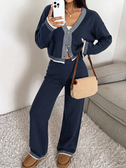 Domenica Contrast Trim Cropped Cardigan and Knit Pants Set - Army Green