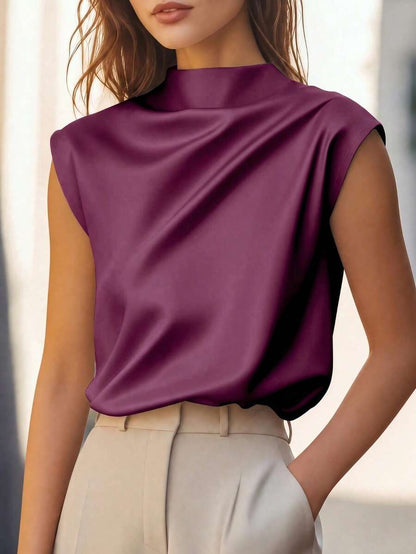 Women's Satin Cowl Neck Sleeveless Blouse, Silky Shell Top for Work and Evening - Black
