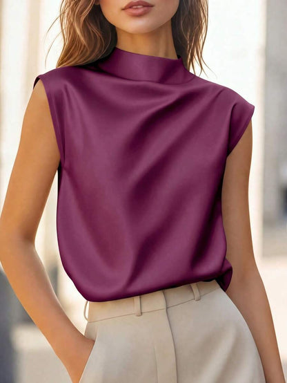 Women's Satin Cowl Neck Sleeveless Blouse, Silky Shell Top for Work and Evening - Black