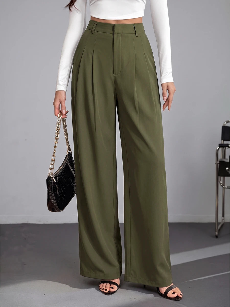 Bergamo Pleated High Waisted Wide Leg Pants - Army Green