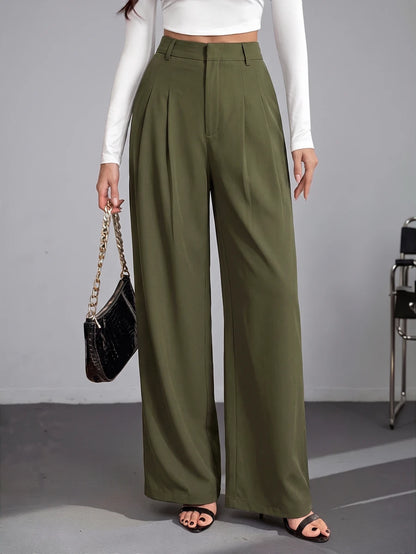 Bergamo Pleated High Waisted Wide Leg Pants - Army Green