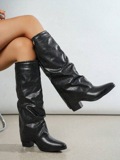 Spello Fold Over Knee High Boots with Pointed Toe – Women's Pleated Faux Leather Slouch Dress Boots with Block Heel Mensa