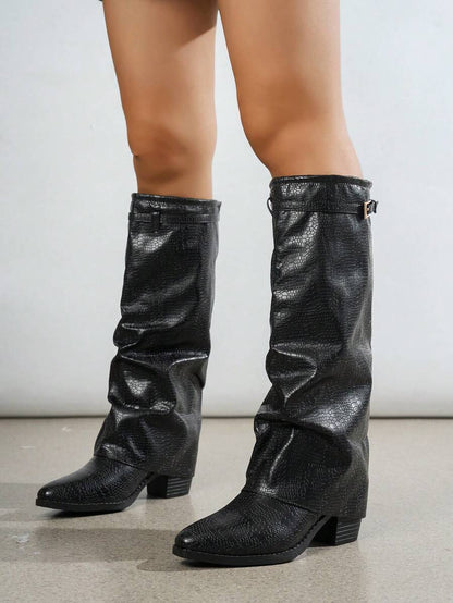 Spello Fold Over Knee High Boots with Pointed Toe – Women's Pleated Faux Leather Slouch Dress Boots with Block Heel Mensa