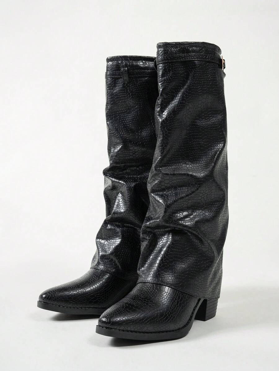 Spello Fold Over Knee High Boots with Pointed Toe – Women's Pleated Faux Leather Slouch Dress Boots with Block Heel Mensa