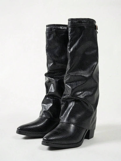 Spello Fold Over Knee High Boots with Pointed Toe – Women's Pleated Faux Leather Slouch Dress Boots with Block Heel Mensa