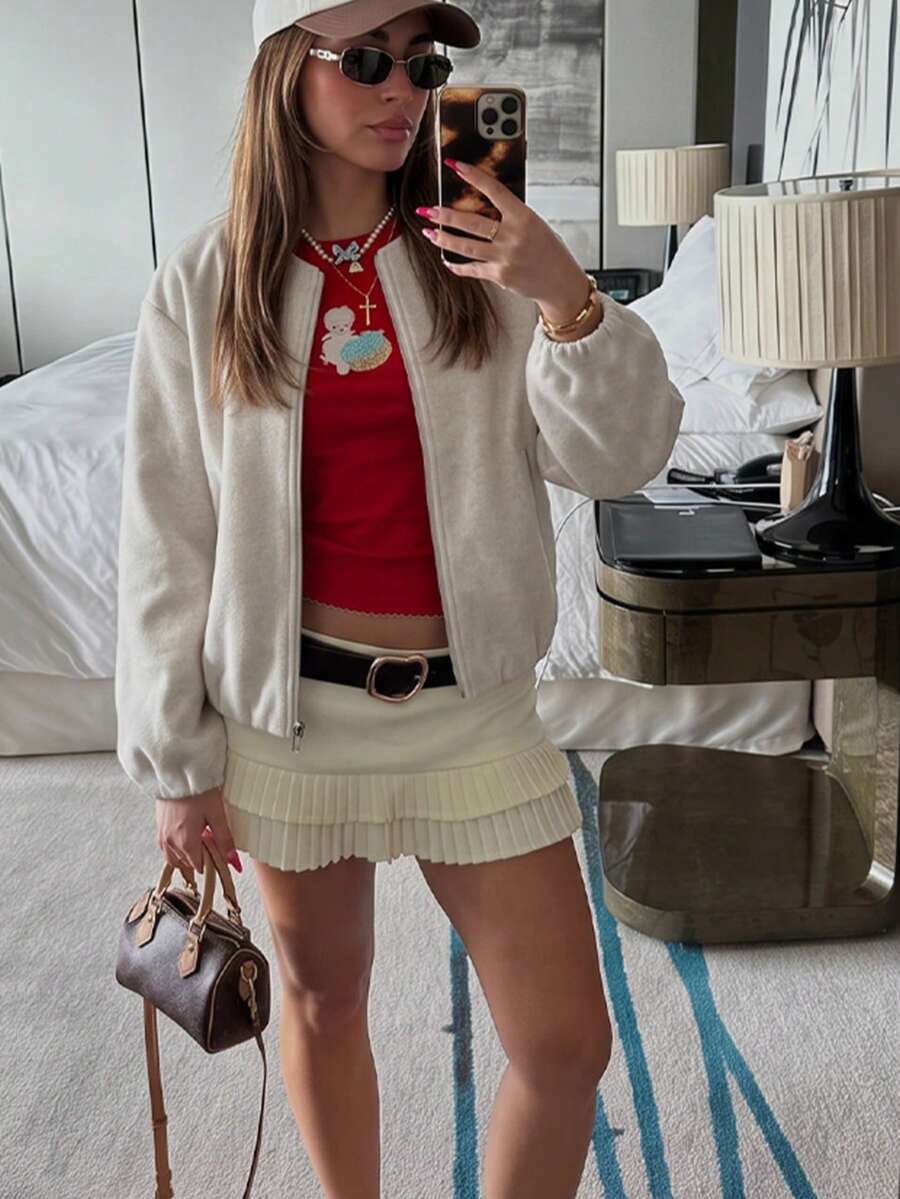 Lillehammer Wool Look Zip Up Cropped Bomber Jacket