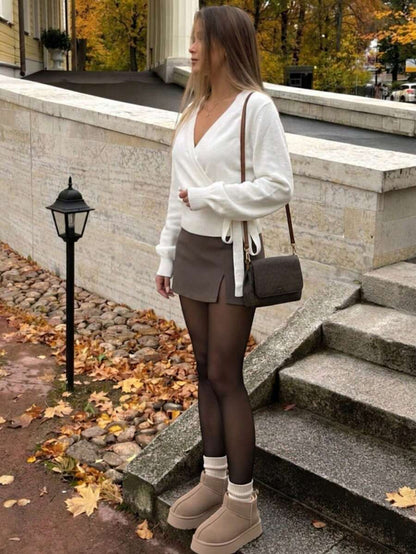 Salzburg Wrap Tie Waist Knit Cardigan Sweater - Off-white