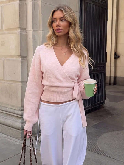 Salzburg Wrap Tie Waist Knit Cardigan Sweater - Pink