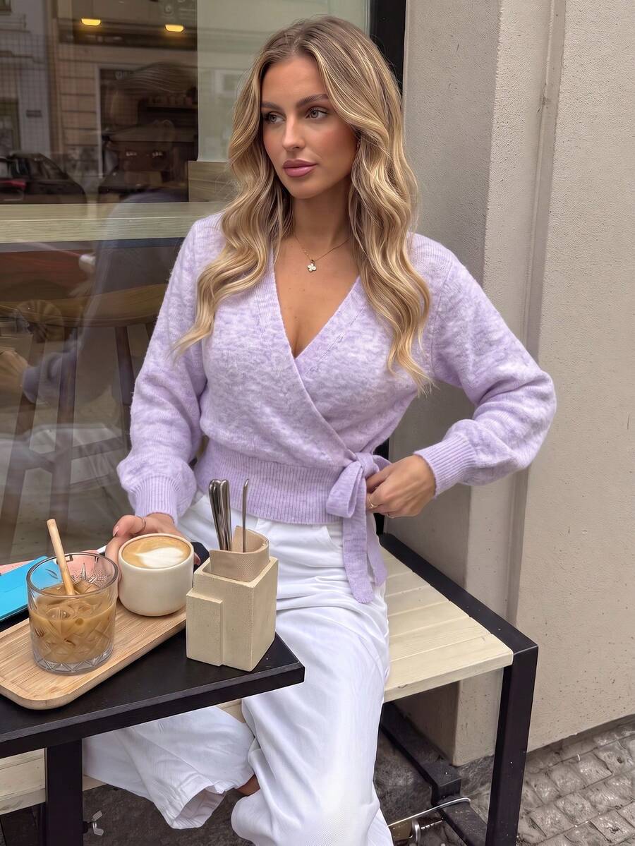 Salzburg Wrap Tie Waist Knit Cardigan Sweater - Hyacinth