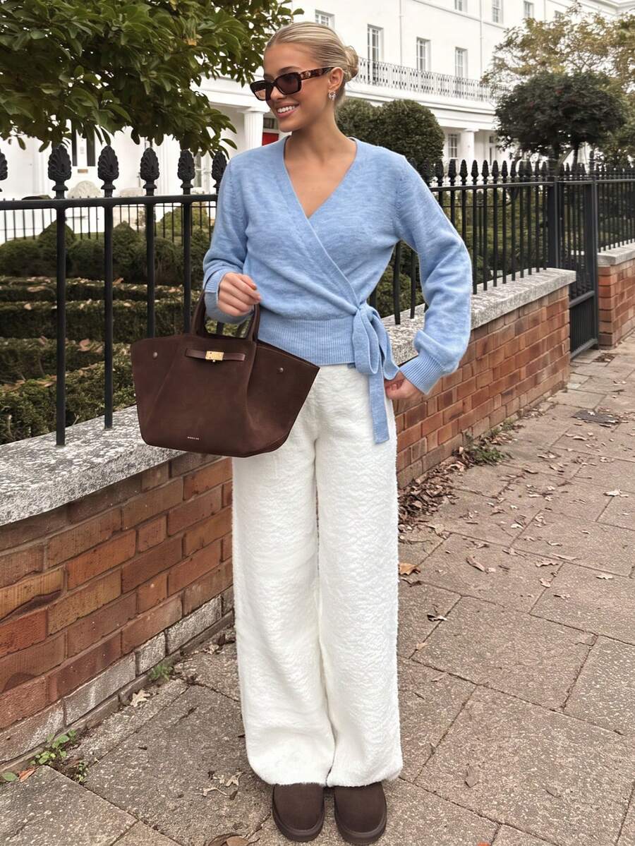 Salzburg Wrap Tie Waist Knit Cardigan Sweater - Blue