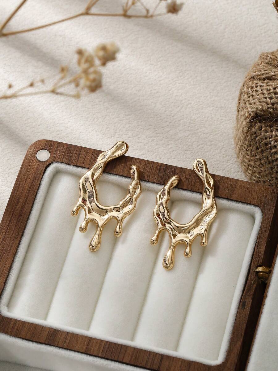 Women's Asymmetrical Gold Drop Earrings, Wavy Metal Hook Statement Earrings, Minimalist Everyday Jewelry