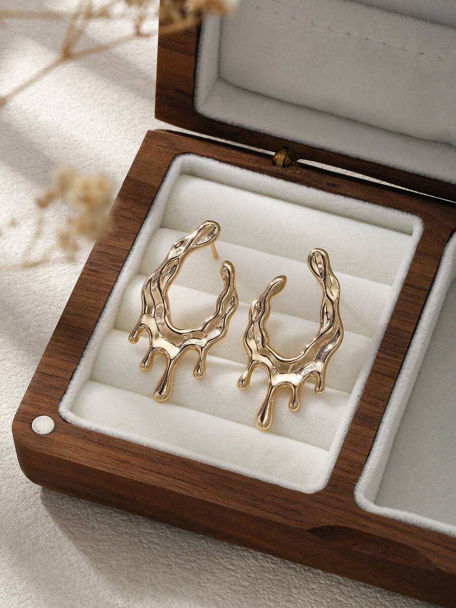 Women's Asymmetrical Gold Drop Earrings, Wavy Metal Hook Statement Earrings, Minimalist Everyday Jewelry