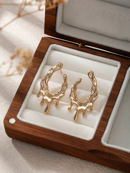 Women's Asymmetrical Gold Drop Earrings, Wavy Metal Hook Statement Earrings, Minimalist Everyday Jewelry